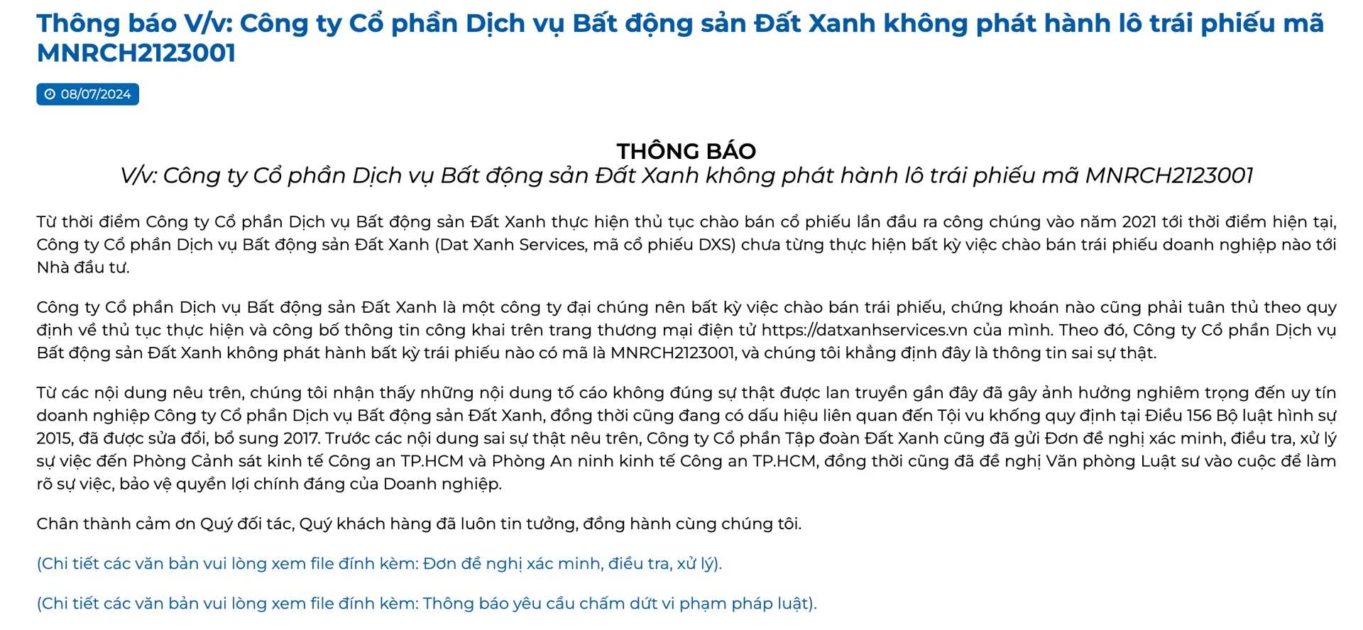 DXS "nằm sàn" vì bị nhà đầu tư tố cáo 3 Đất Xanh bác bỏ thông tin lừa đảo chiếm đoạt tài sản thông qua phát hành trái phiếu