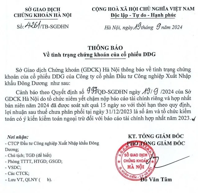 DDG nhận án phạt từ UBCKNN, không thể "thoát" diện cảnh báo 2 Thông báo từ Sở giao dịch chứng khoán Hà Nội đối với cổ phiếu DDG