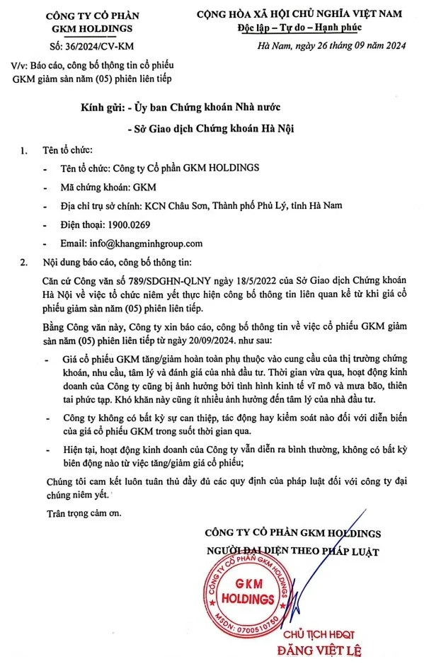 Cổ phiếu GKM trượt dài với 7 phiên nằm sàn liên tiếp 2 GKM Holdings giải trình sau chuỗi giảm sàn 5 phiên liên tiếp