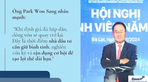 3 cơ hội vàng cho chứng khoán Việt Nam 2 Ông Park Won Sang, Tổng giám đốc Công ty Chứng khoán KIS Việt Nam, nhận định rằng: “Để thị trường chứng khoán Việt Nam bứt phá, cần có sự đồng hành từ cả nhà đầu tư trong nước lẫn nước ngoài, cùng các chính sách hỗ trợ hiệu quả từ Chính phủ.”