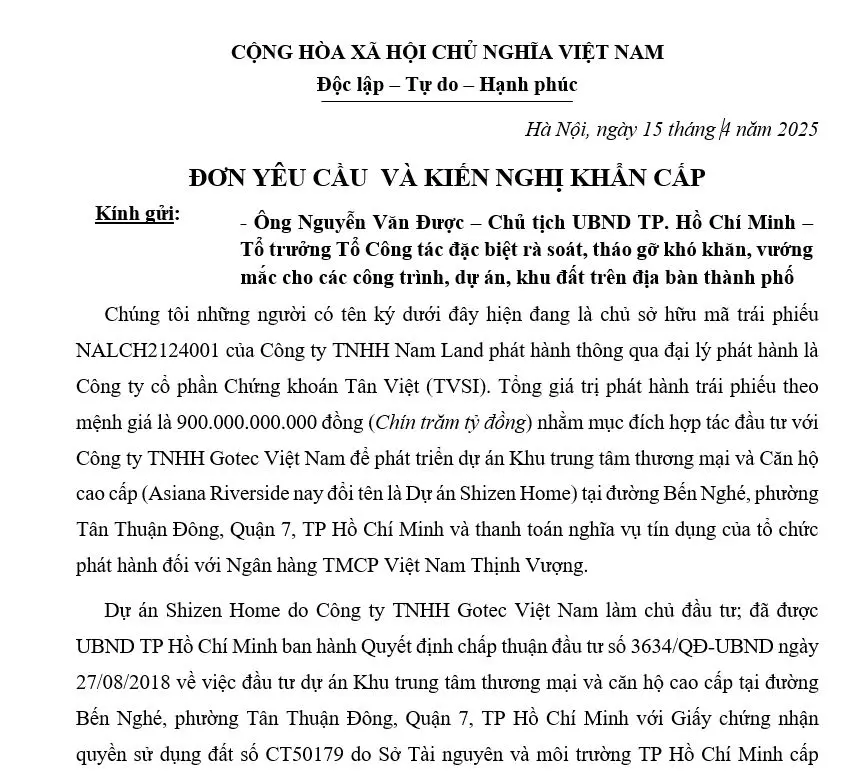 Nhà đầu tư trái phiếu Namland tuyệt vọng gủi kiến nghị lãnh đạo TP.HCM