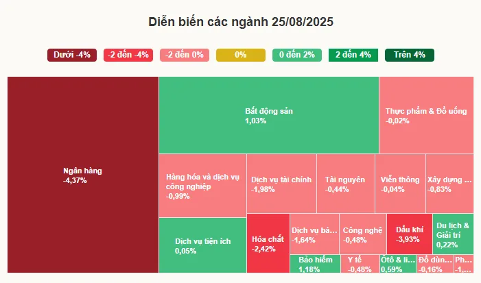 VN-Index lao dốc, ngân hàng trở thành tâm điểm kéo thị trường 2 dien bien cac nganh ngay 25t8