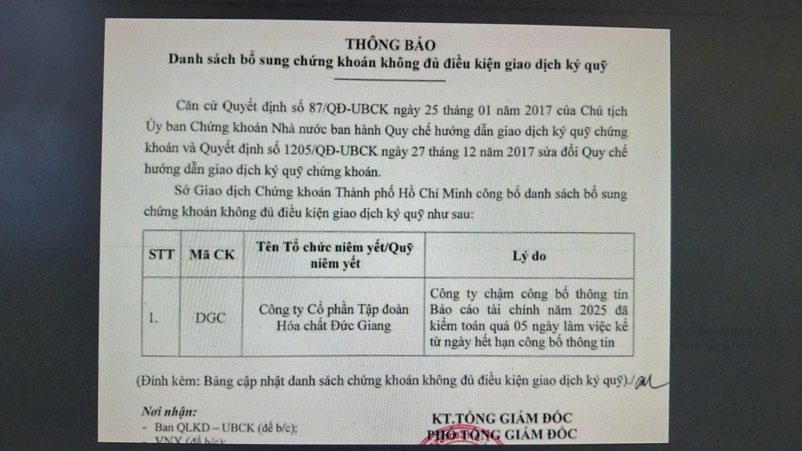 DGC bị đưa vào danh sách không đủ điều kiện giao dịch ký quỹ do chậm công bố báo cáo tài chính 1 DGC